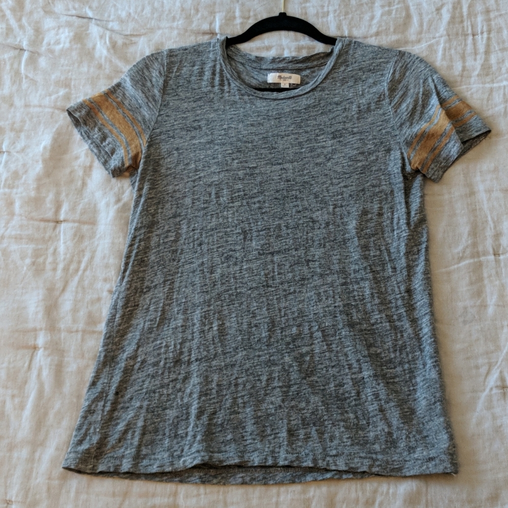 Madewell Grey Linen Tee, Mustard Arm Stripe